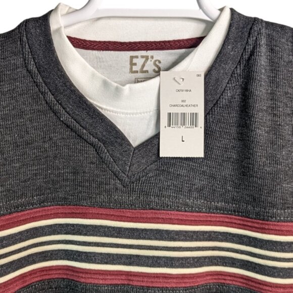 EZ'S HAGGAR Multi Color Stripe Rib Knit V-Neck Long Sleeve Shirt Gray Large - Picture 6 of 14